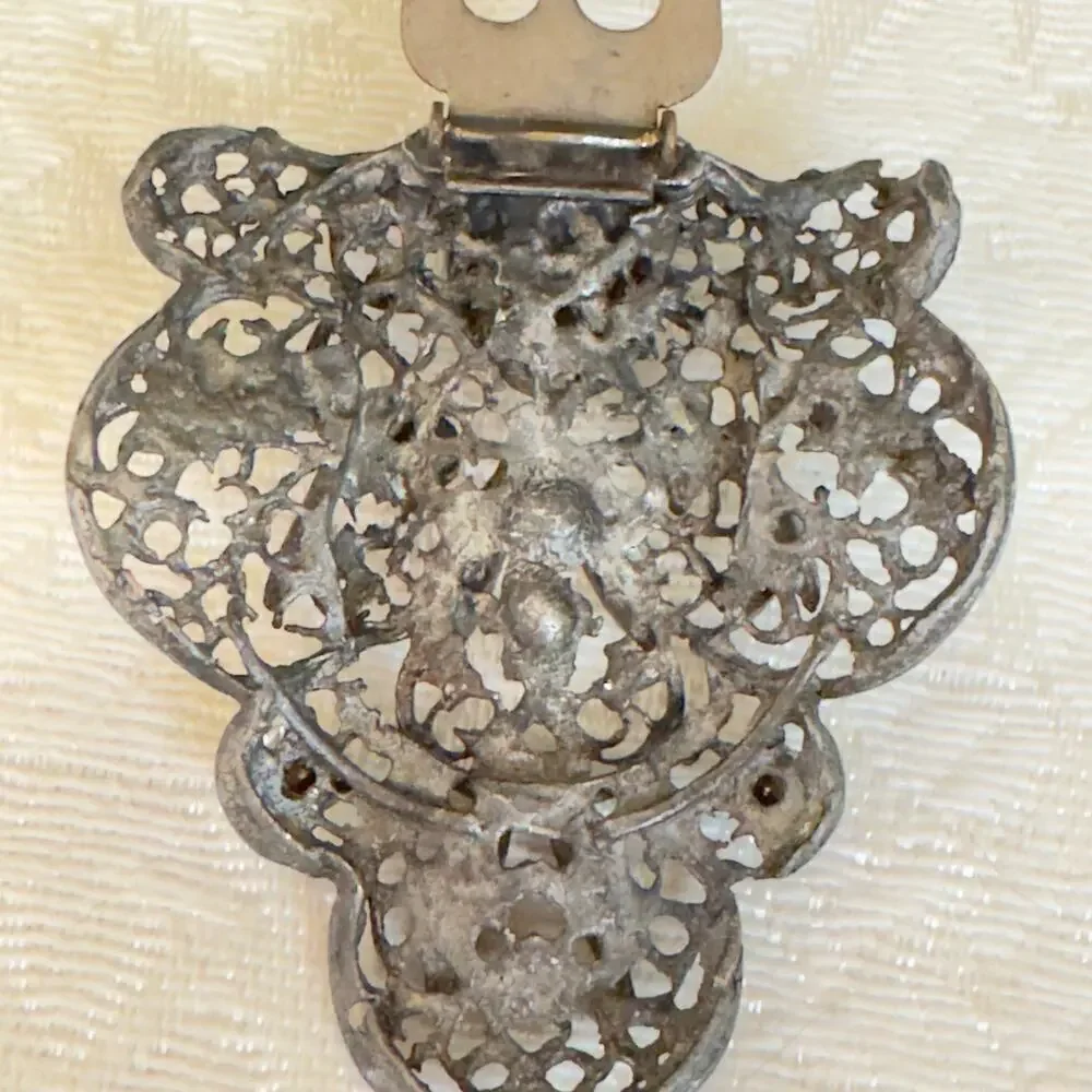 Vintage Art Nouveau Rhinestone Pot Metal Filigree and Flowers Dress Clip 1940s